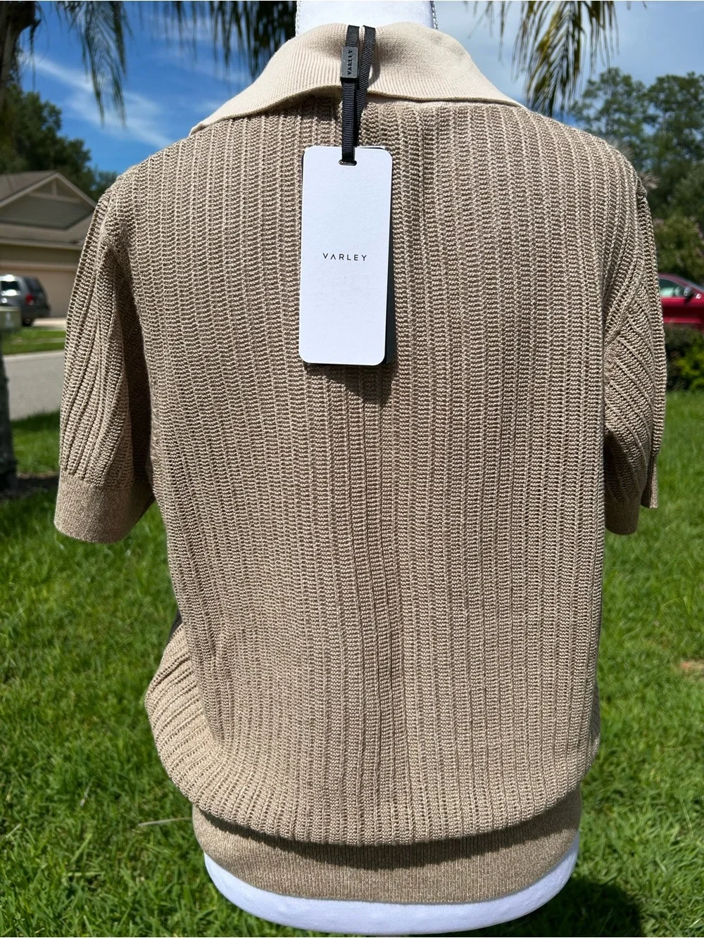 NWT🌷Varley Perrine Taupe Knit Polo V-Neck Short Sleeve Sweater